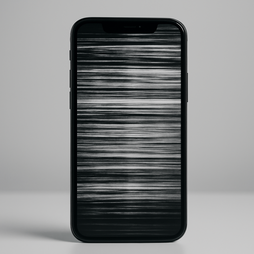 Modern smartphone displaying a flickering screen with horizontal glitch lines on a neutral gray background.

